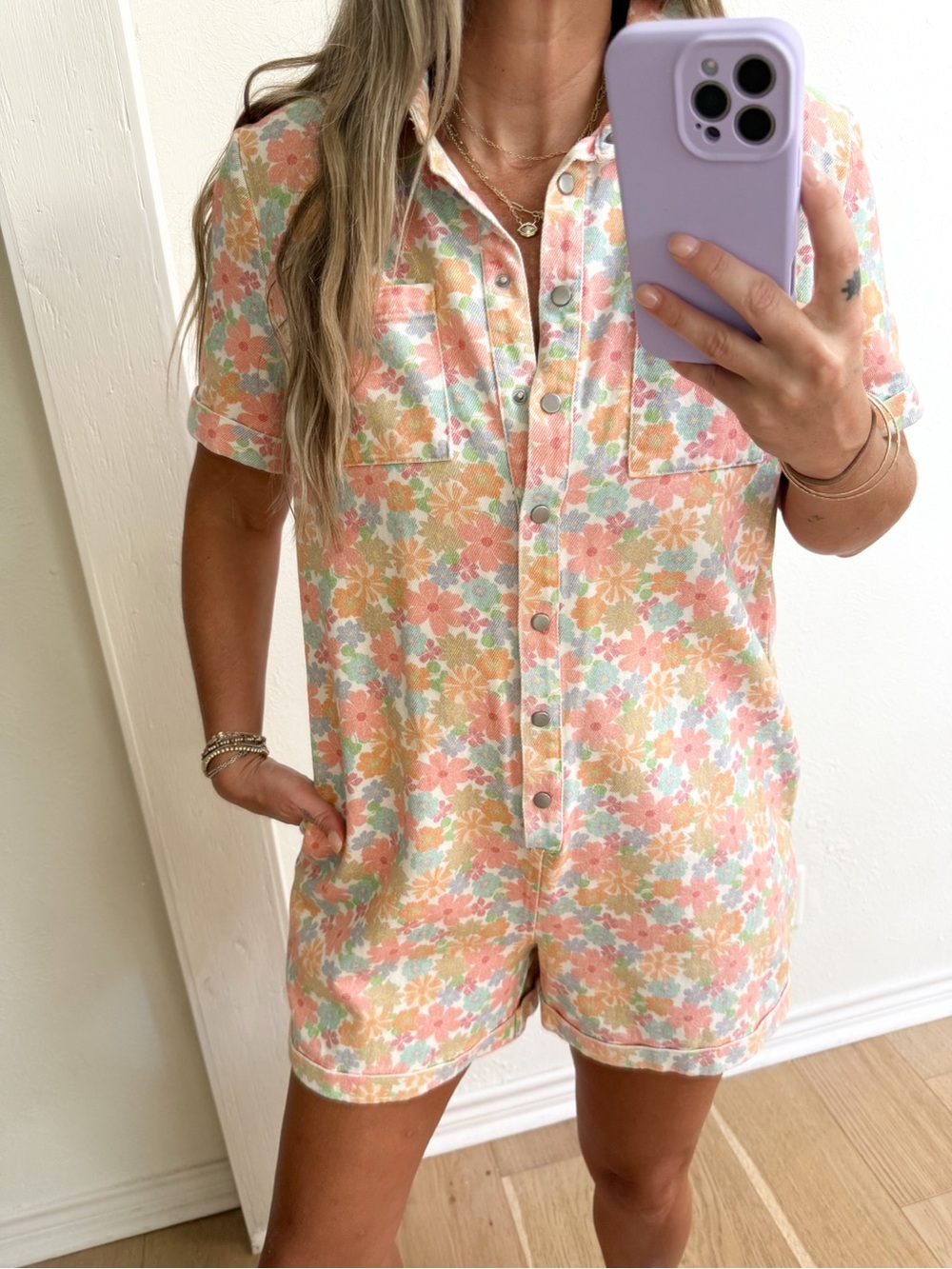 Button Up Printed Romper-Denim